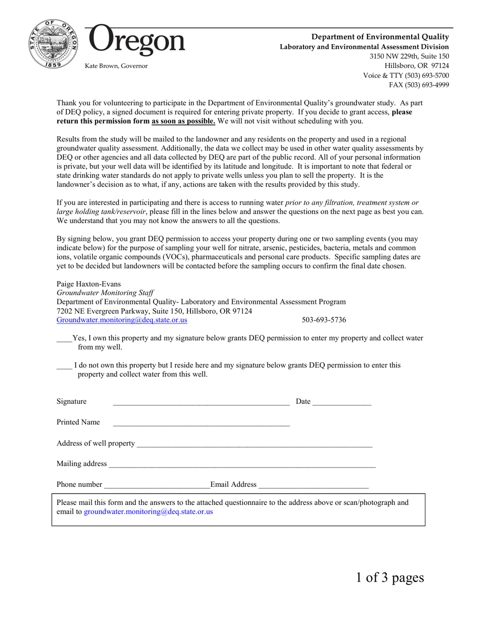 Permission Slip - Statewide Groundwater Monitoring Program - Oregon, Page 1