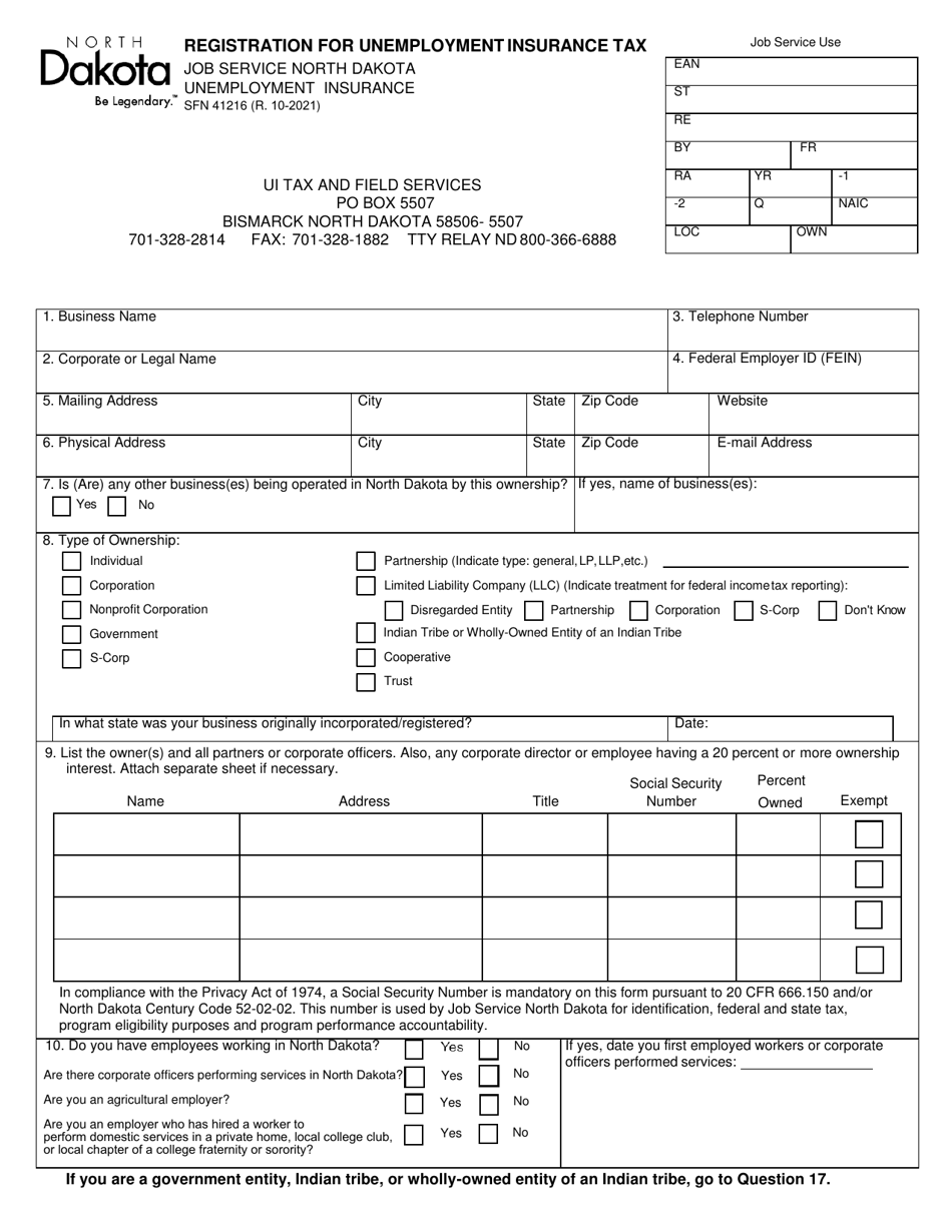 Form SFN41216 Registration for Unemployment Insurance Tax - North Dakota, Page 1