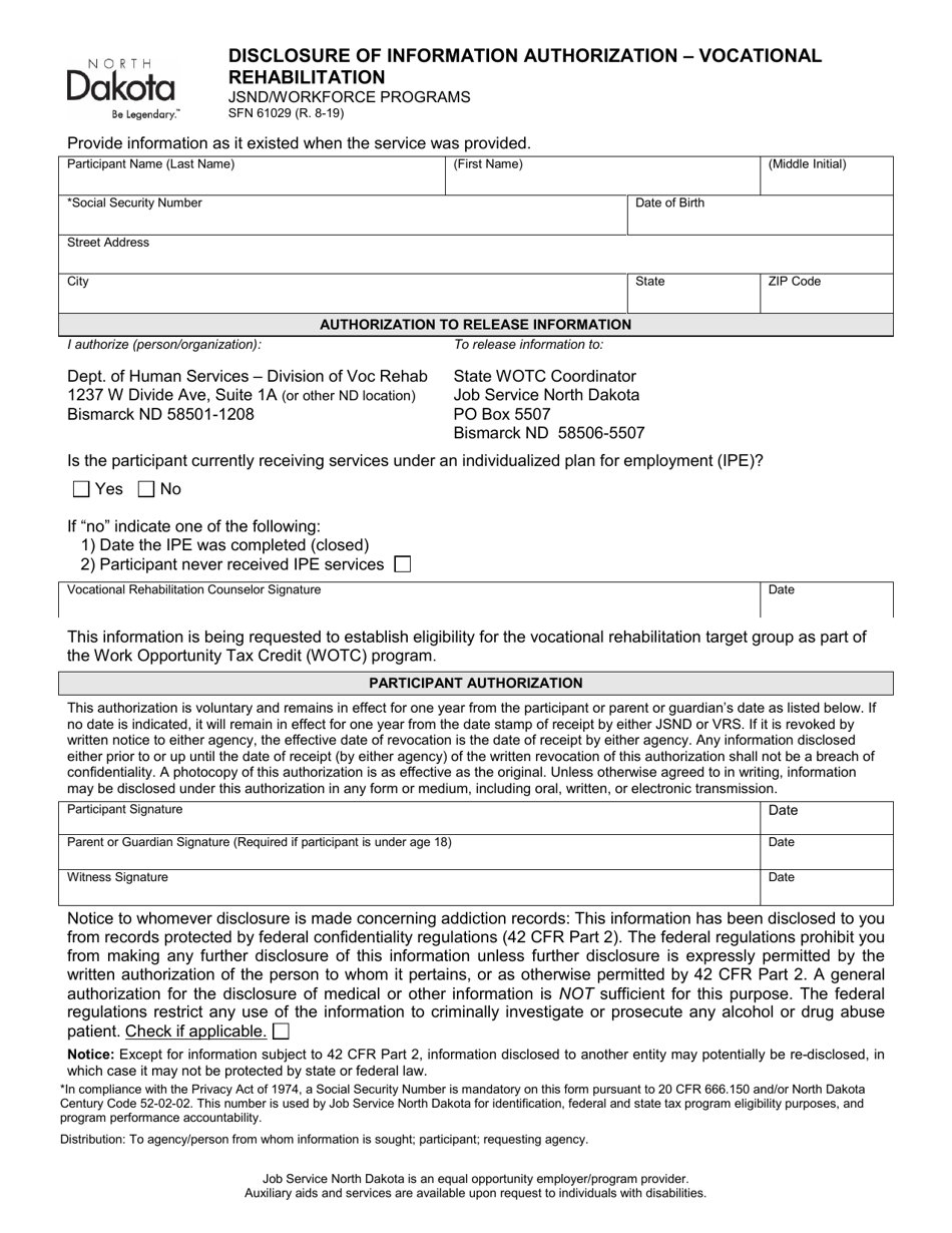 Form SFN61029 Disclosure of Information Authorization - Vocational Rehabilitation - North Dakota, Page 1