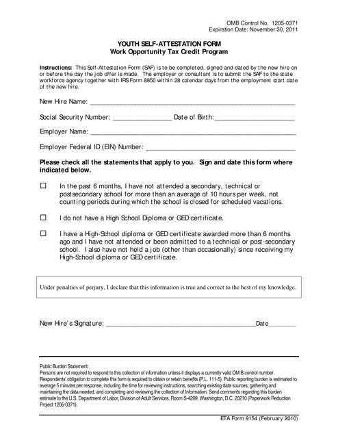 ETA Form 9154 Youth Self-attestation Form - North Dakota