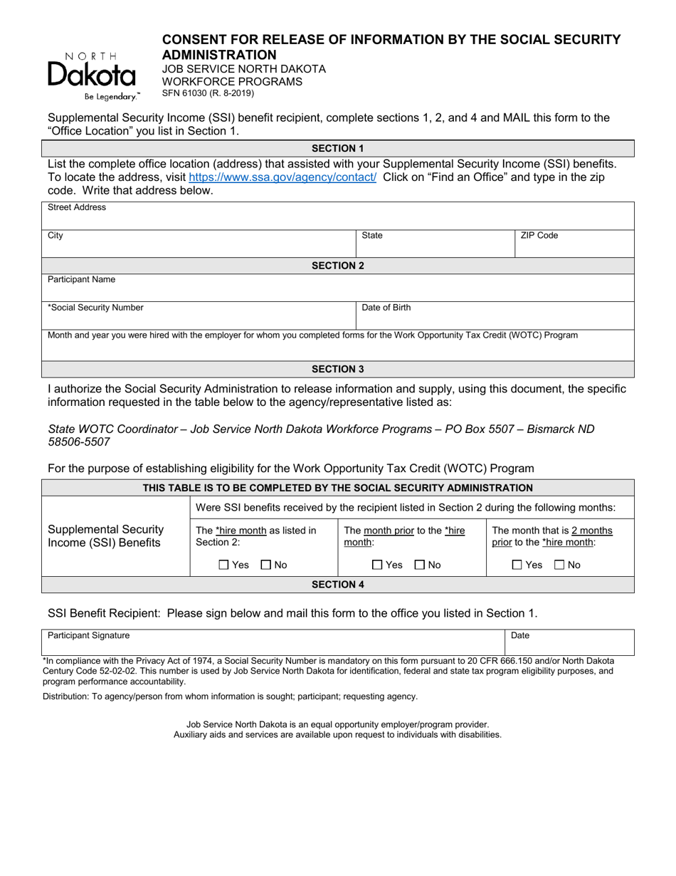 Form SFN61030 Consent for Release of Information by the Social Security Administration - North Dakota, Page 1