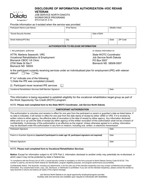 Form SFN61028 Disclosure of Information Authorization - VOC Rehab Veteran Form - North Dakota