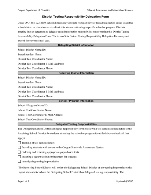 District Testing Responsibility Delegation Form - Oregon Download Pdf