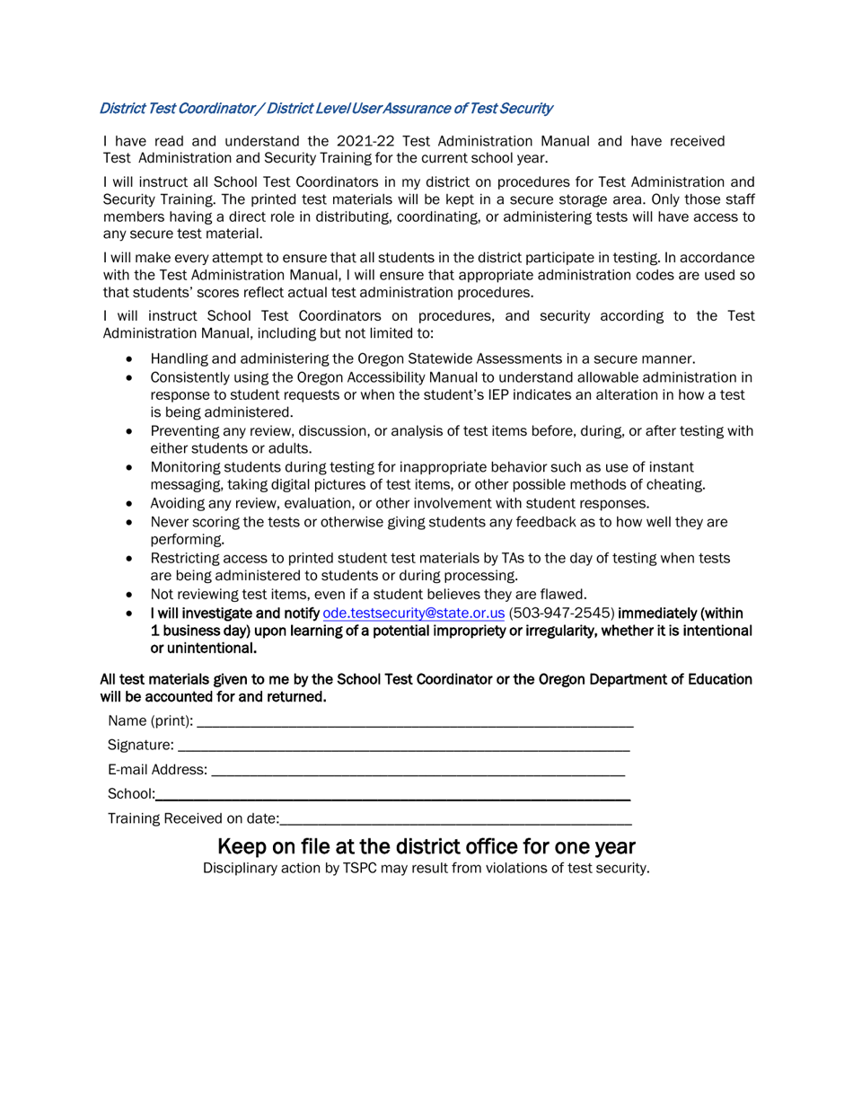 District Test Coordinator / District Level User Assurance of Test Security - Oregon, Page 1