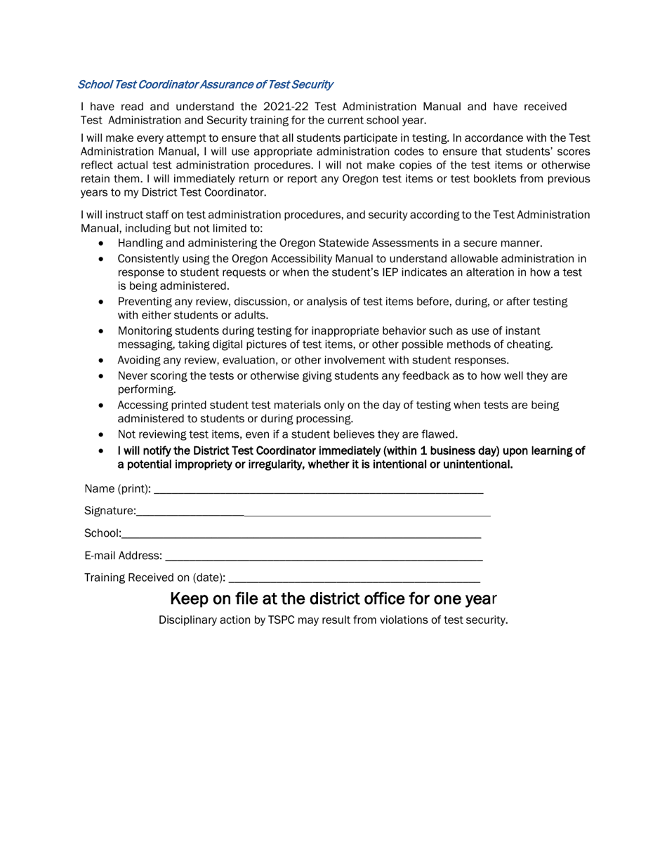 School Test Coordinator Assurance of Test Security - Oregon, Page 1