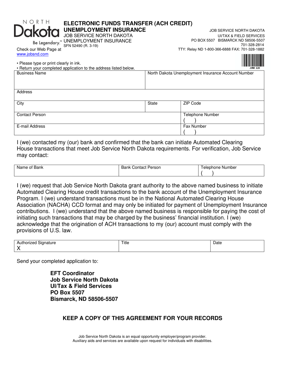 Form SFN52490 Electronic Funds Transfer (ACH Credit) Unemployment Insurance - North Dakota, Page 1