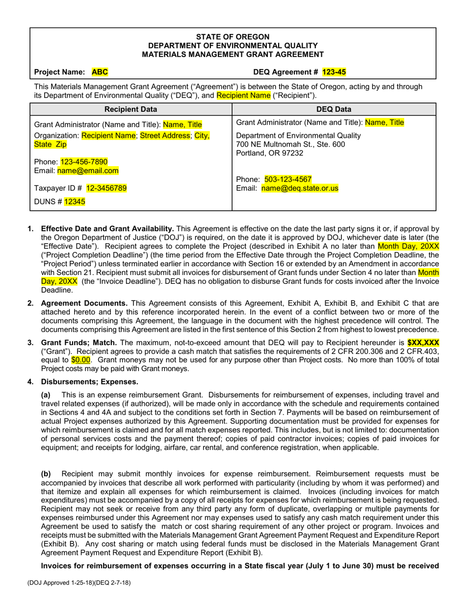 Materials Management Grant Agreement Template - Oregon, Page 1