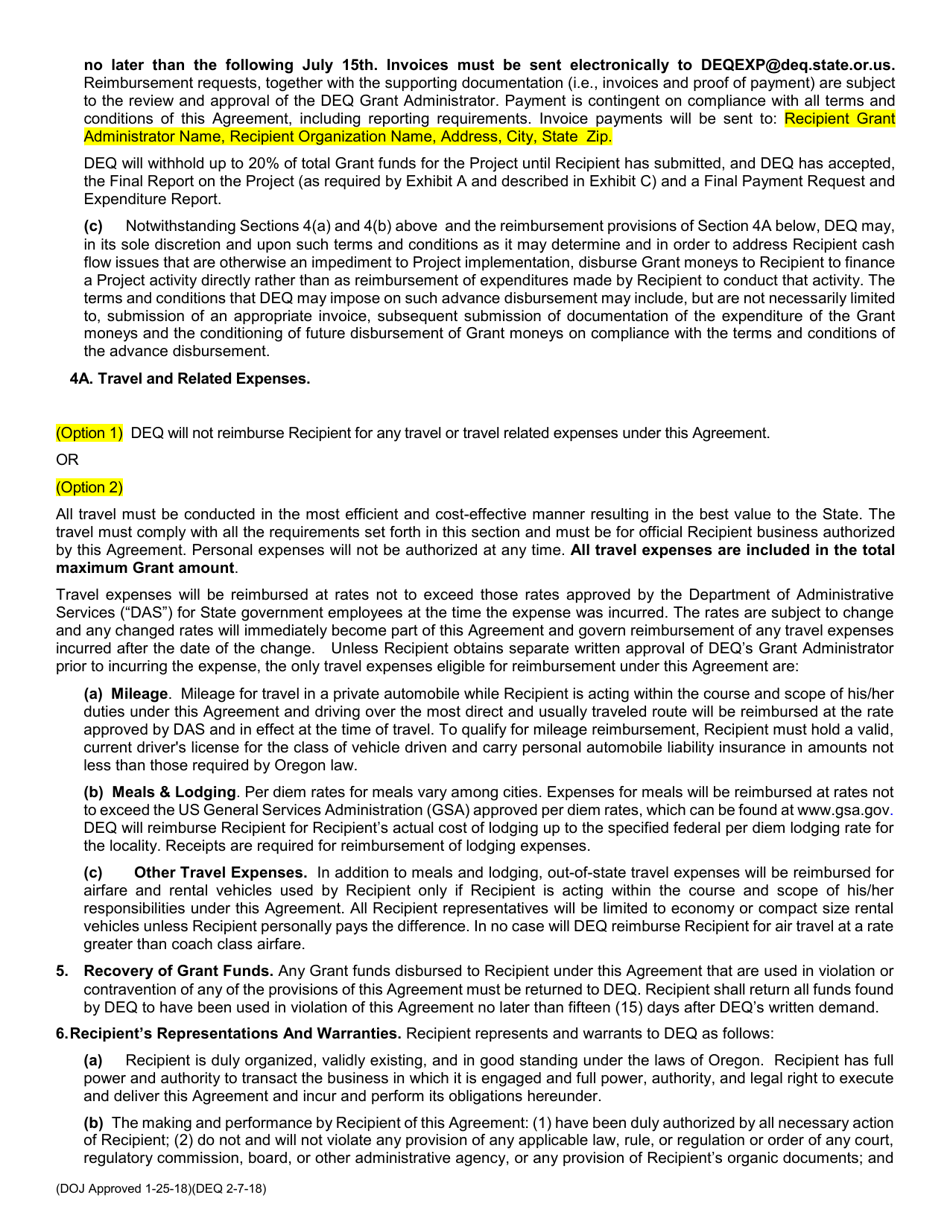 Materials Management Grant Agreement Template - Oregon, Page 2