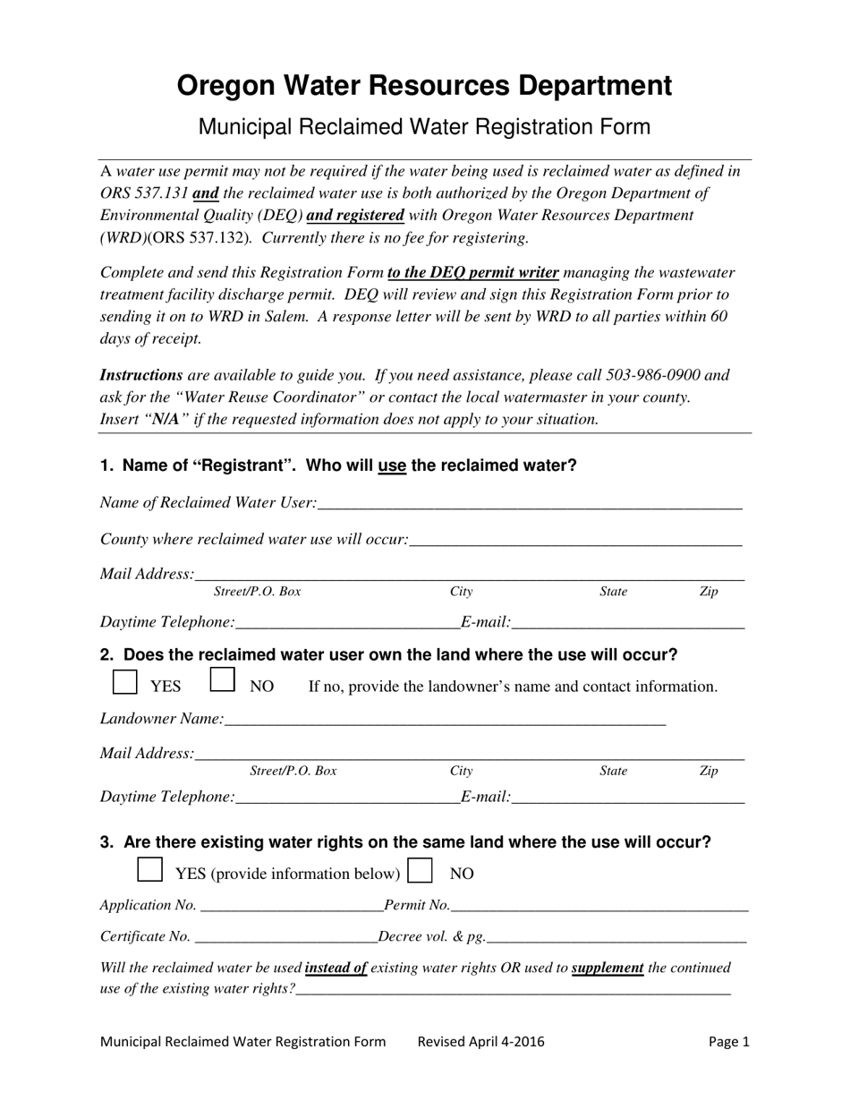 Municipal Reclaimed Water Registration Form - Oregon, Page 1
