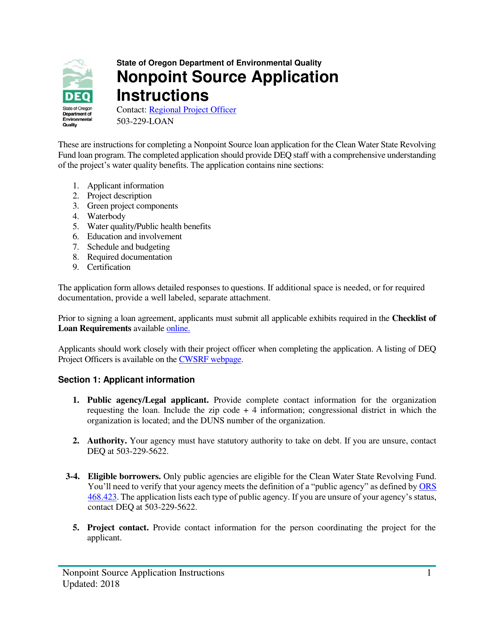 Instructions for "Nonpoint Source Project Loan Application (Design and Construction Projects)" - Oregon Download Pdf