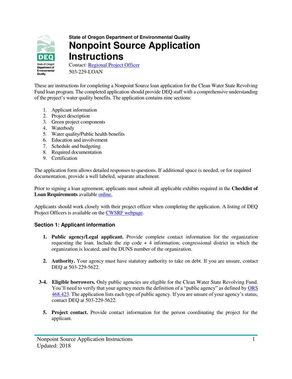 Instructions for Nonpoint Source Project Loan Application (Design and Construction Projects) - Oregon, Page 1