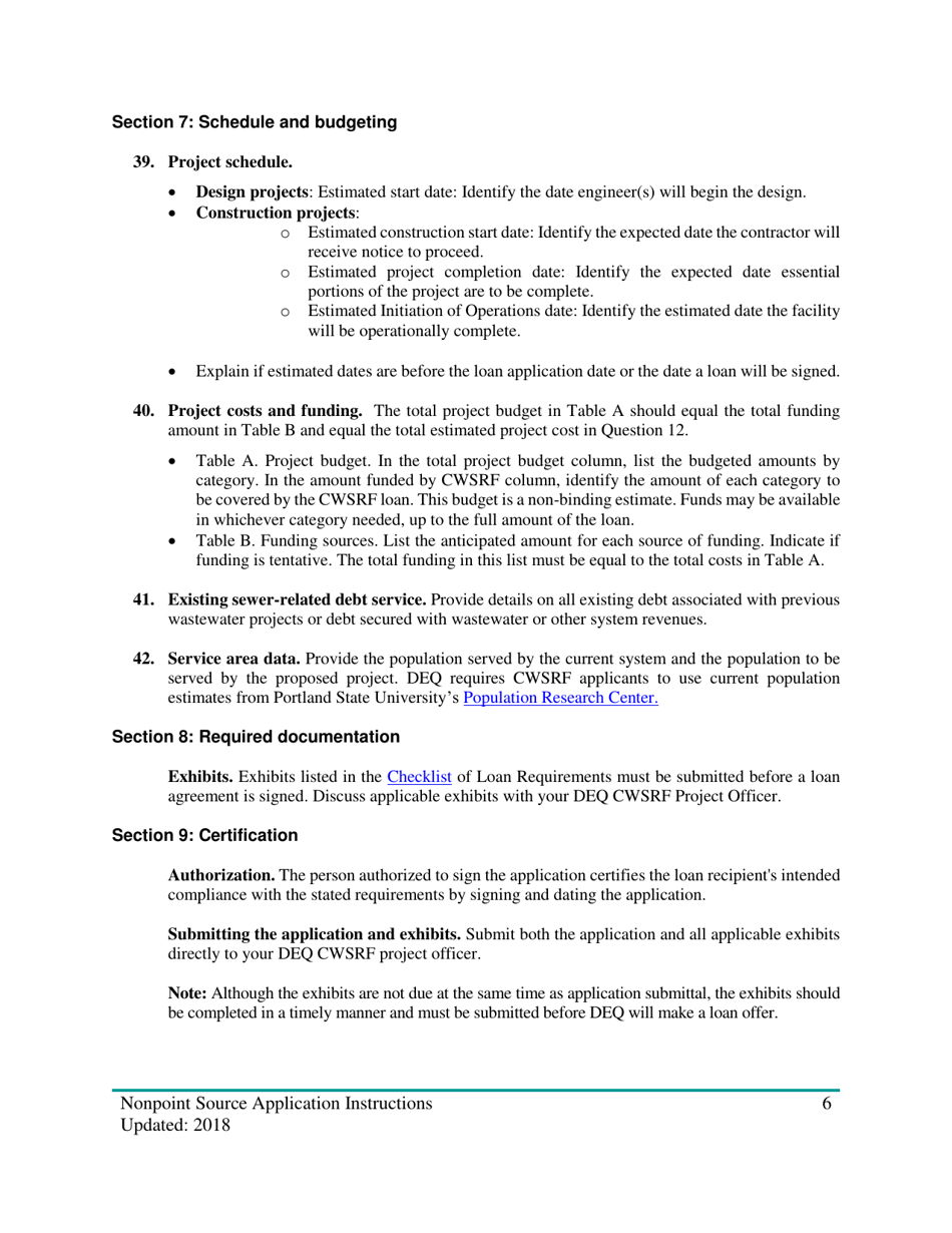 Instructions for Nonpoint Source Project Loan Application (Design and Construction Projects) - Oregon, Page 6