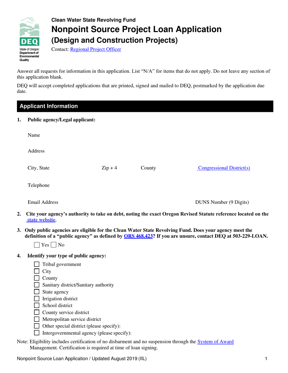 Nonpoint Source Project Loan Application - Oregon, Page 1