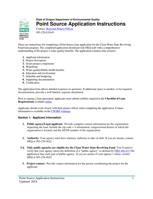 Instructions for Point Source Project Loan Application (Design and Construction Projects) - Oregon Download Pdf