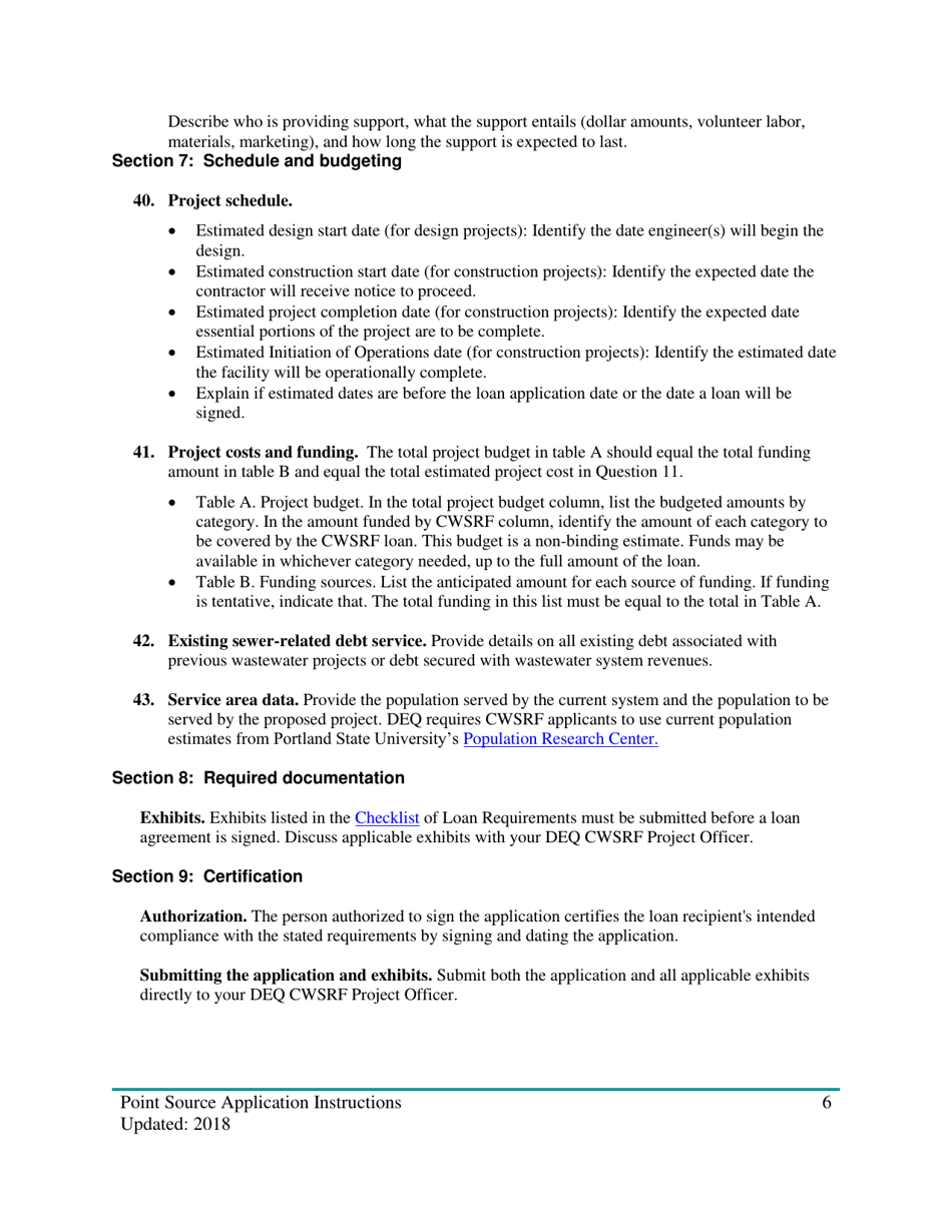 Instructions for Point Source Project Loan Application (Design and Construction Projects) - Oregon, Page 6