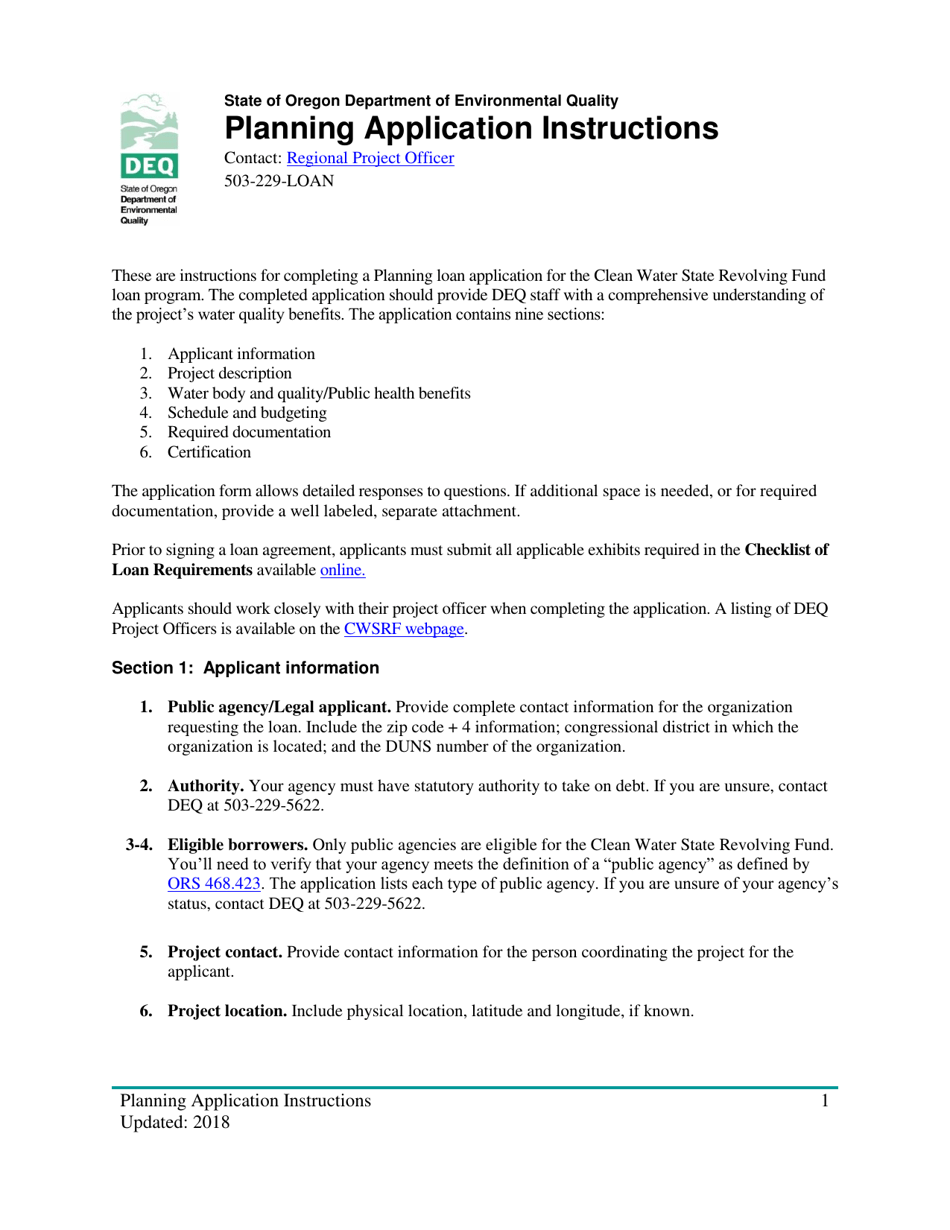 Instructions for Clean Water State Revolving Fund Planning Loan Application - Oregon, Page 1