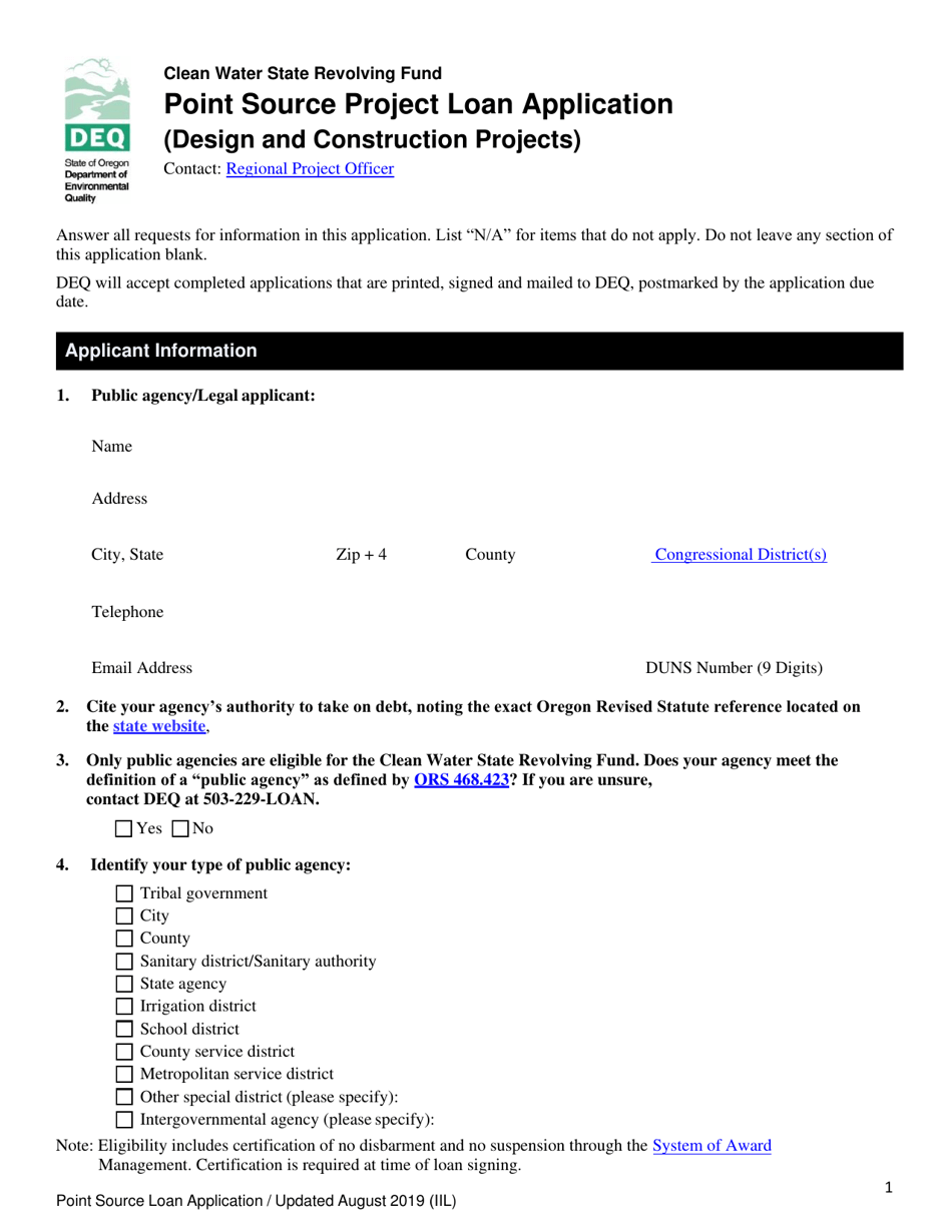 Point Source Project Loan Application (Design and Construction Projects) - Oregon, Page 1