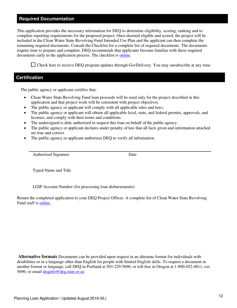 Clean Water State Revolving Fund Planning Loan Application - Oregon, Page 12