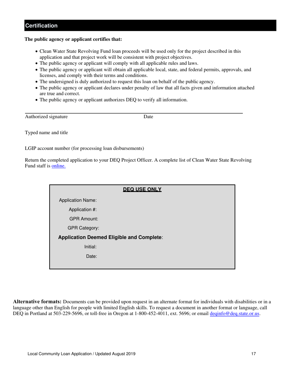 Local Community Loan Application (Design and Construction Projects) - Oregon, Page 17
