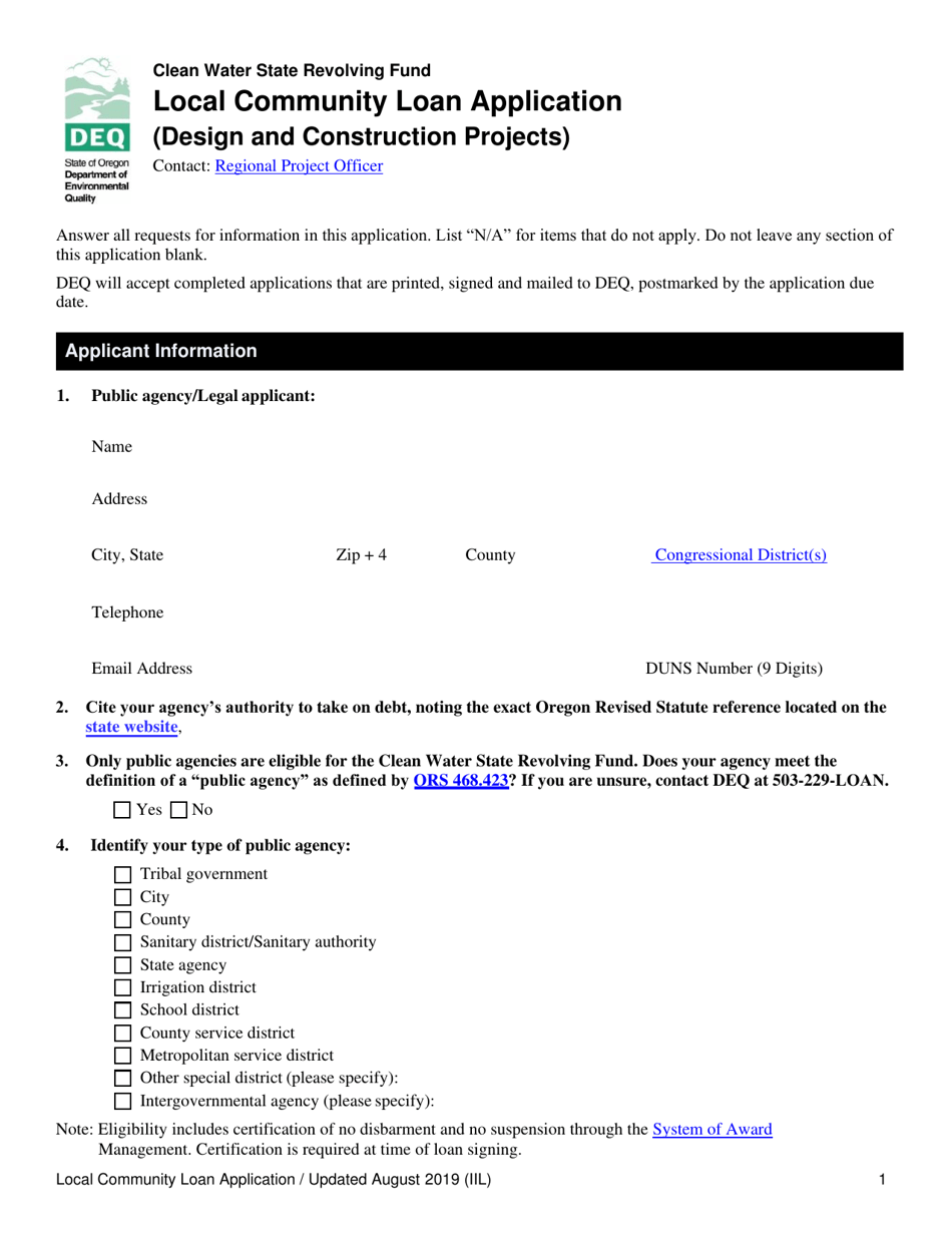 Local Community Loan Application (Design and Construction Projects) - Oregon, Page 1