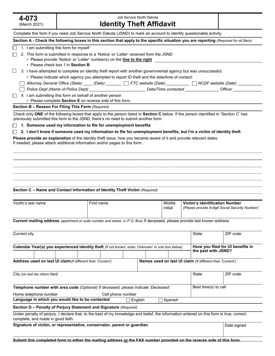 Form 4-073 Id Theft Affidavit - North Dakota, Page 1