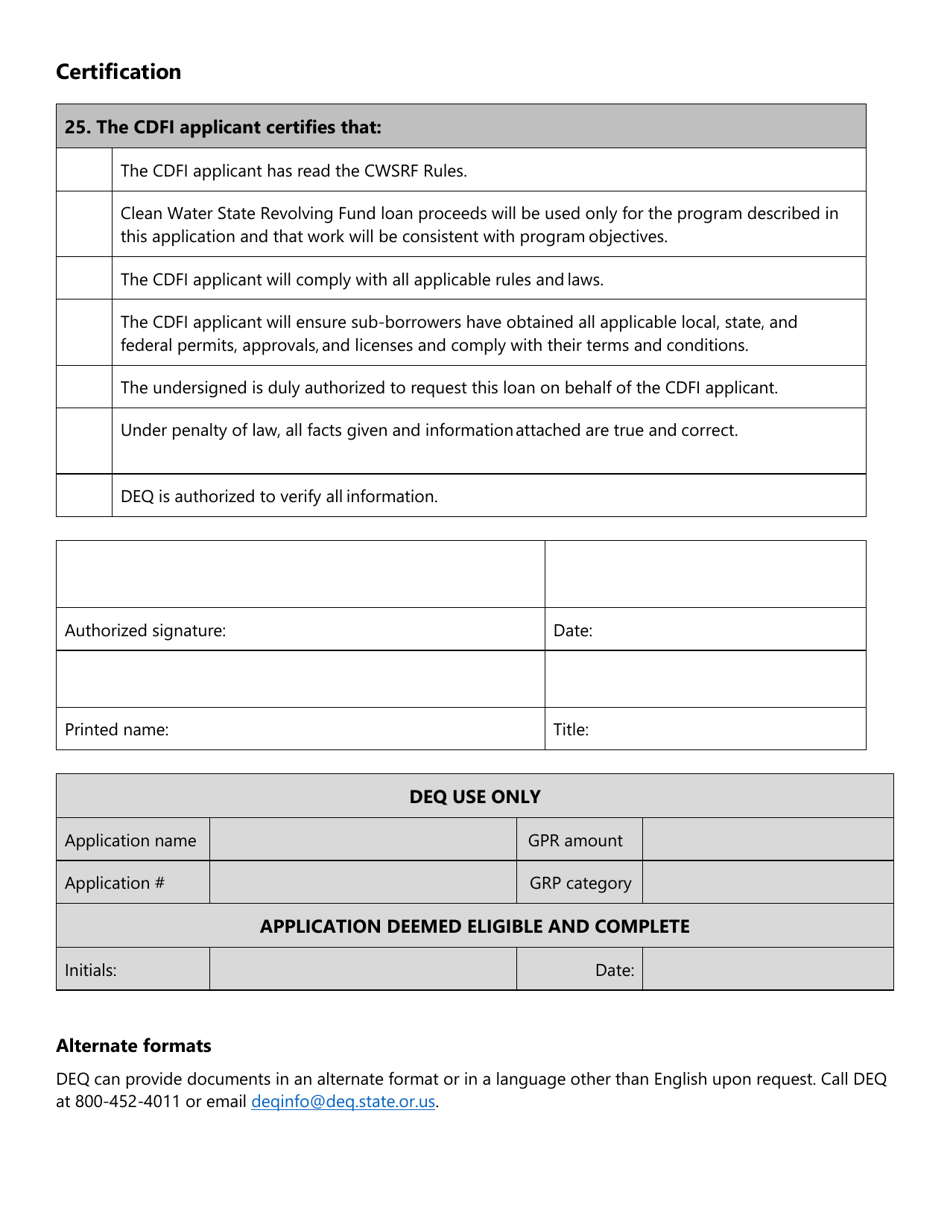 Cdfi Loan Application - Clean Water State Revolving Fund - Oregon, Page 13