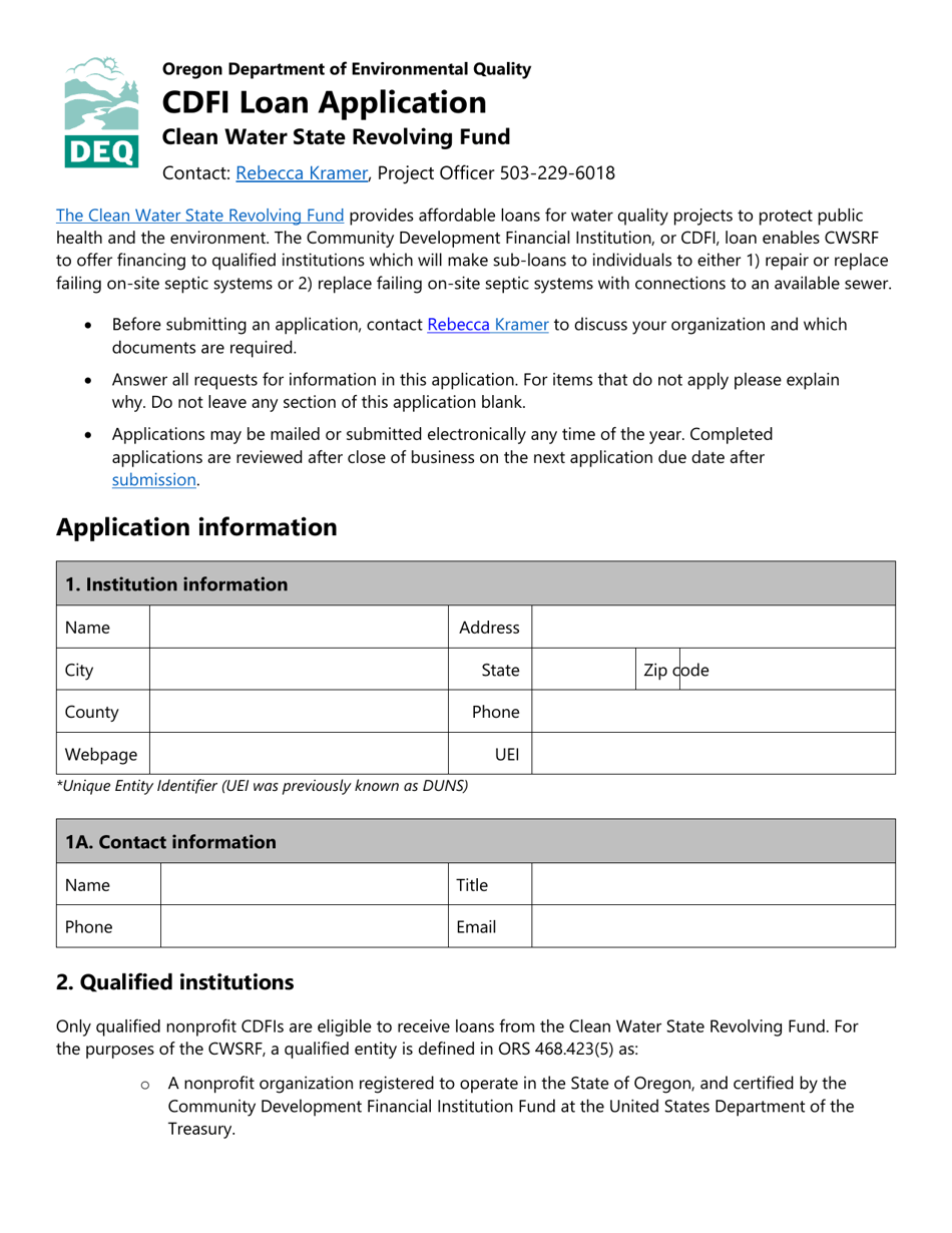 Cdfi Loan Application - Clean Water State Revolving Fund - Oregon, Page 1