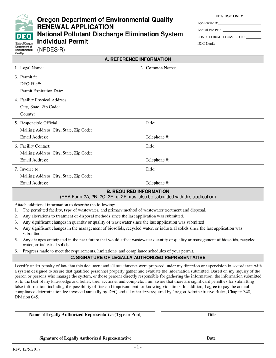 Npdes Individual Permit Renewal Application - Oregon, Page 1