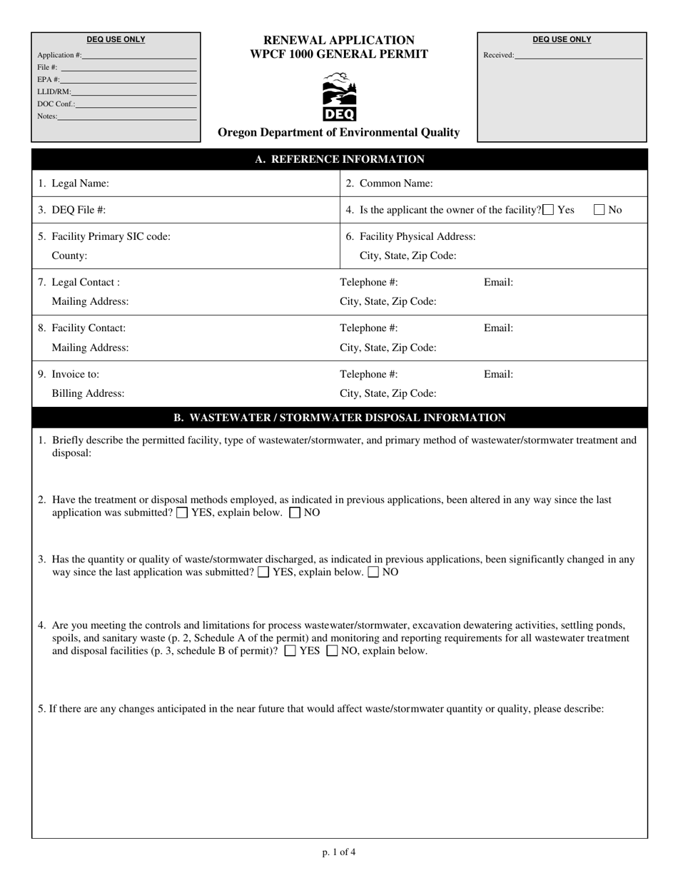 Wpcf 1000 General Permit Renewal Application - Oregon, Page 1
