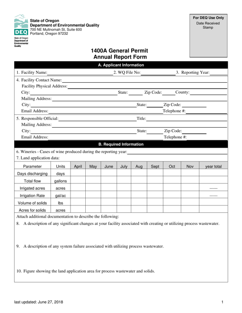 "1400a General Permit Annual Report Form" - Oregon Download Pdf