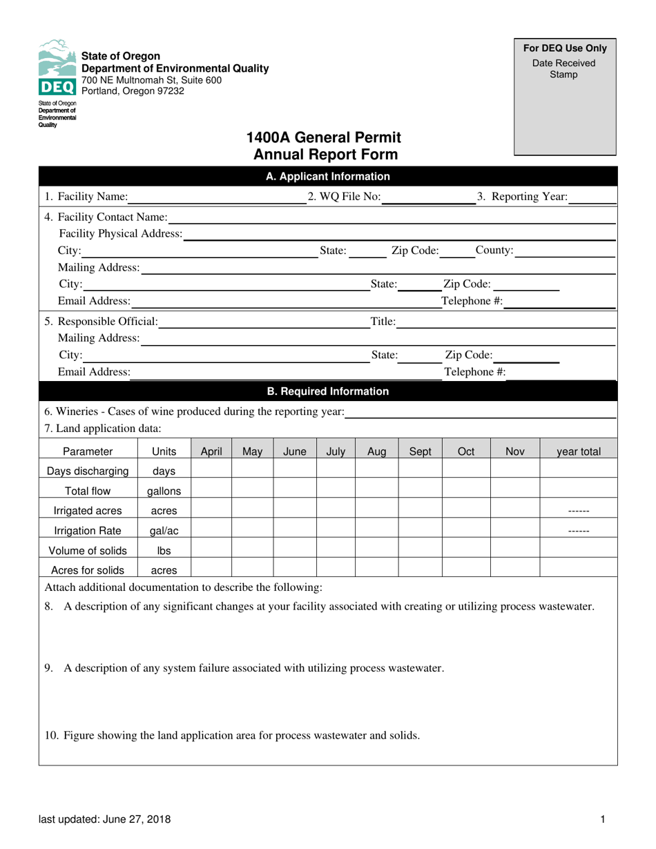1400a General Permit Annual Report Form - Oregon, Page 1
