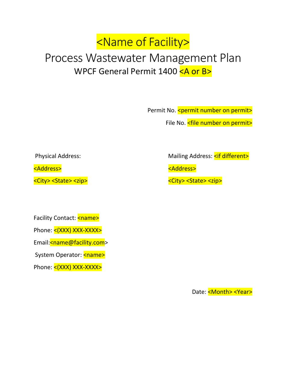 Process Wastewater Management Plan Template - Oregon, Page 1
