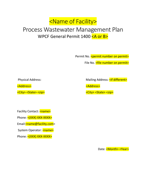 Process Wastewater Management Plan Template - Oregon Download Pdf