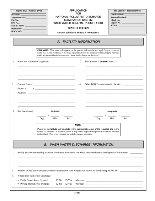 Application for National Pollutant Discharge Elimination System Wash Water General Permit 1700 - Oregon