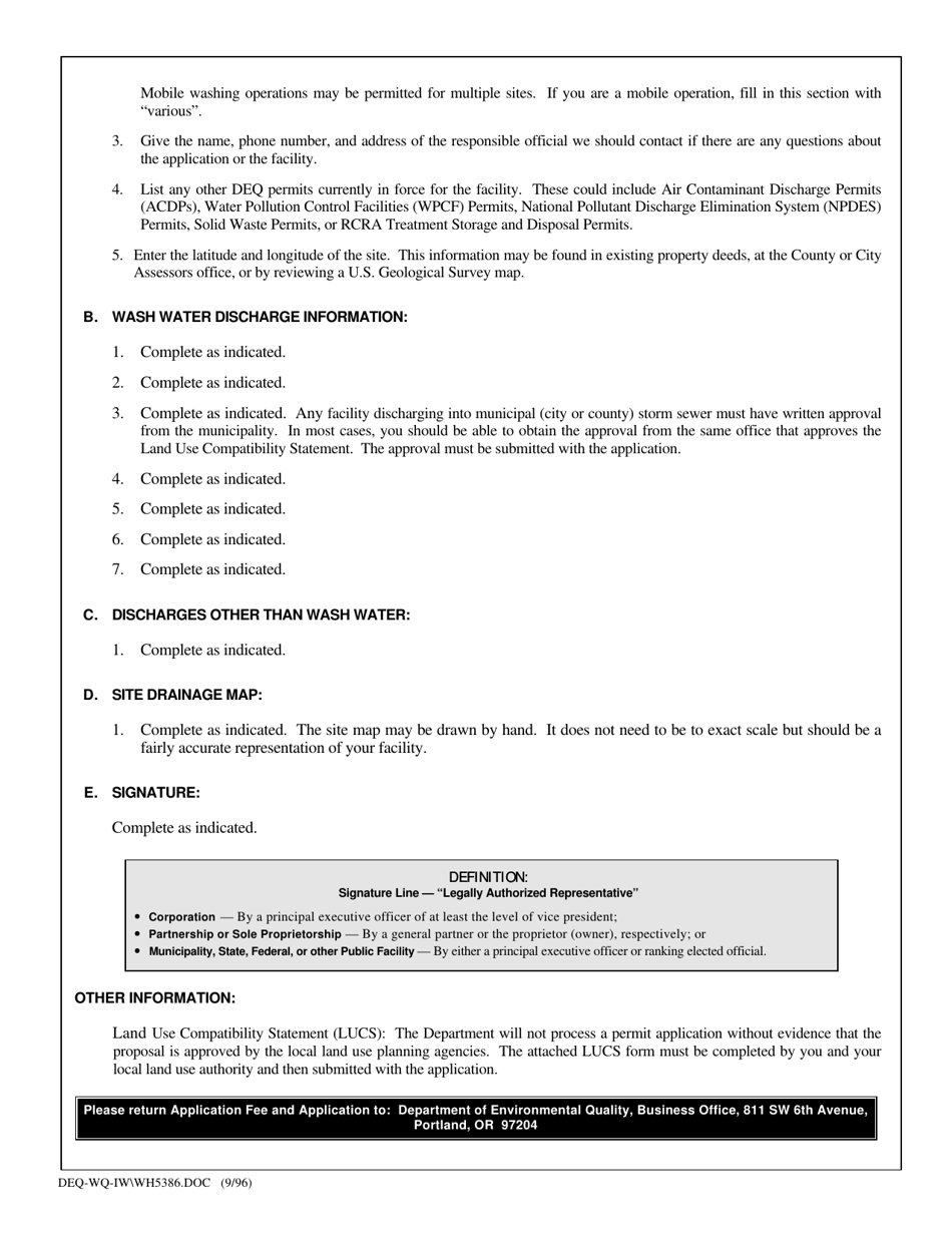 Application for National Pollutant Discharge Elimination System Wash Water General Permit 1700 - Oregon, Page 4