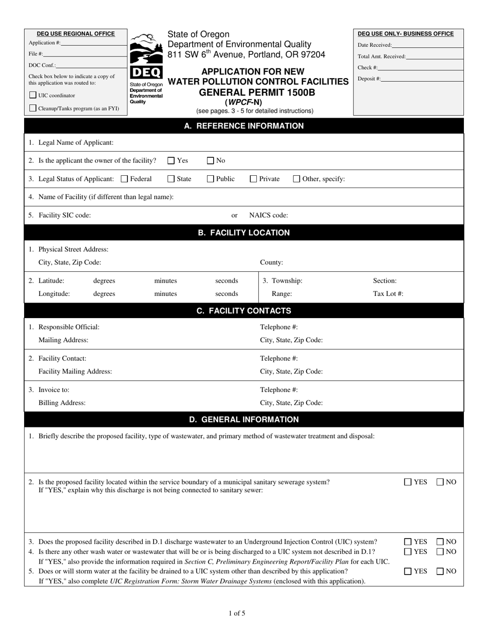 Application for New Water Pollution Control Facilities General Permit 1500b (Wpcf-N) - Oregon, Page 1