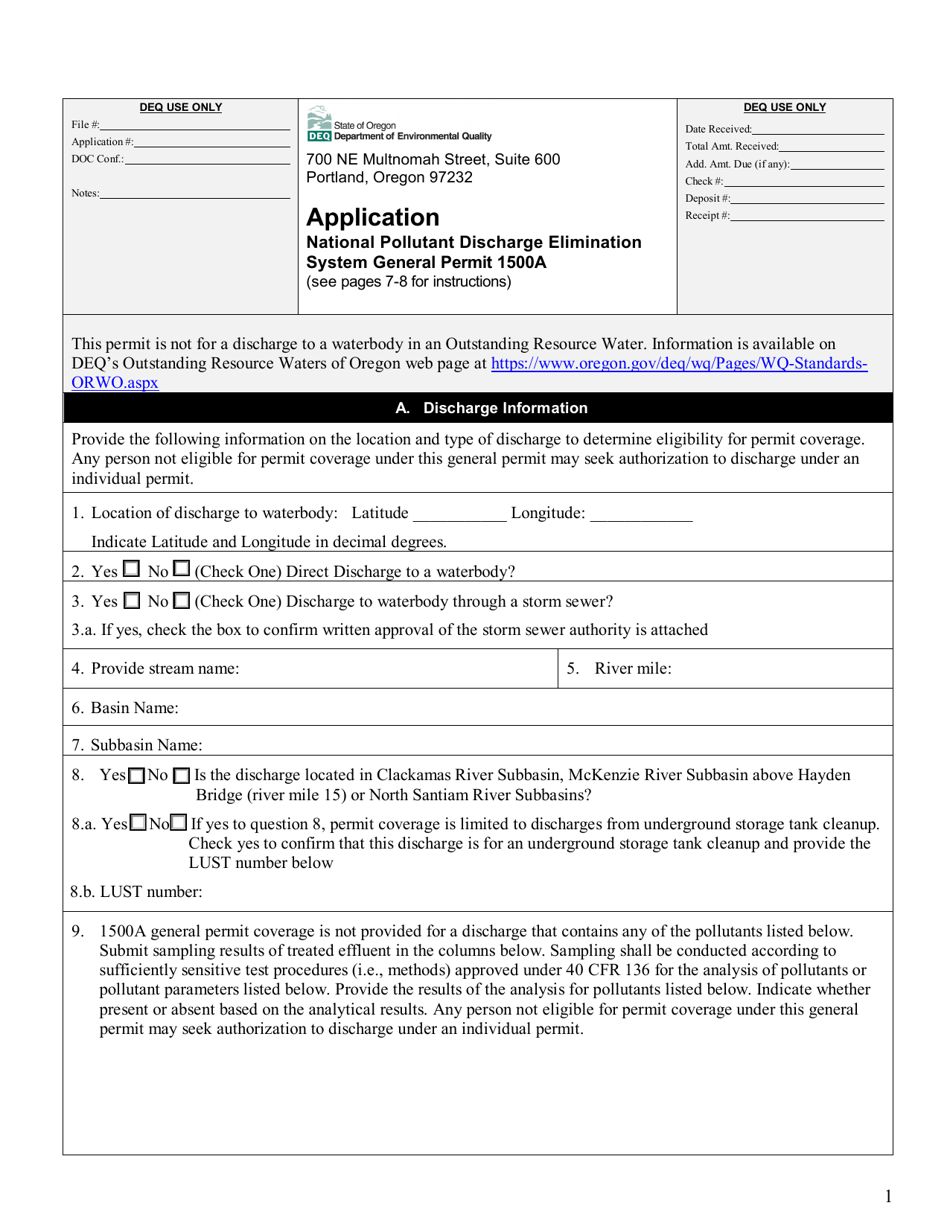 Application for National Pollutant Discharge Elimination System General Permit 1500a - Oregon, Page 1