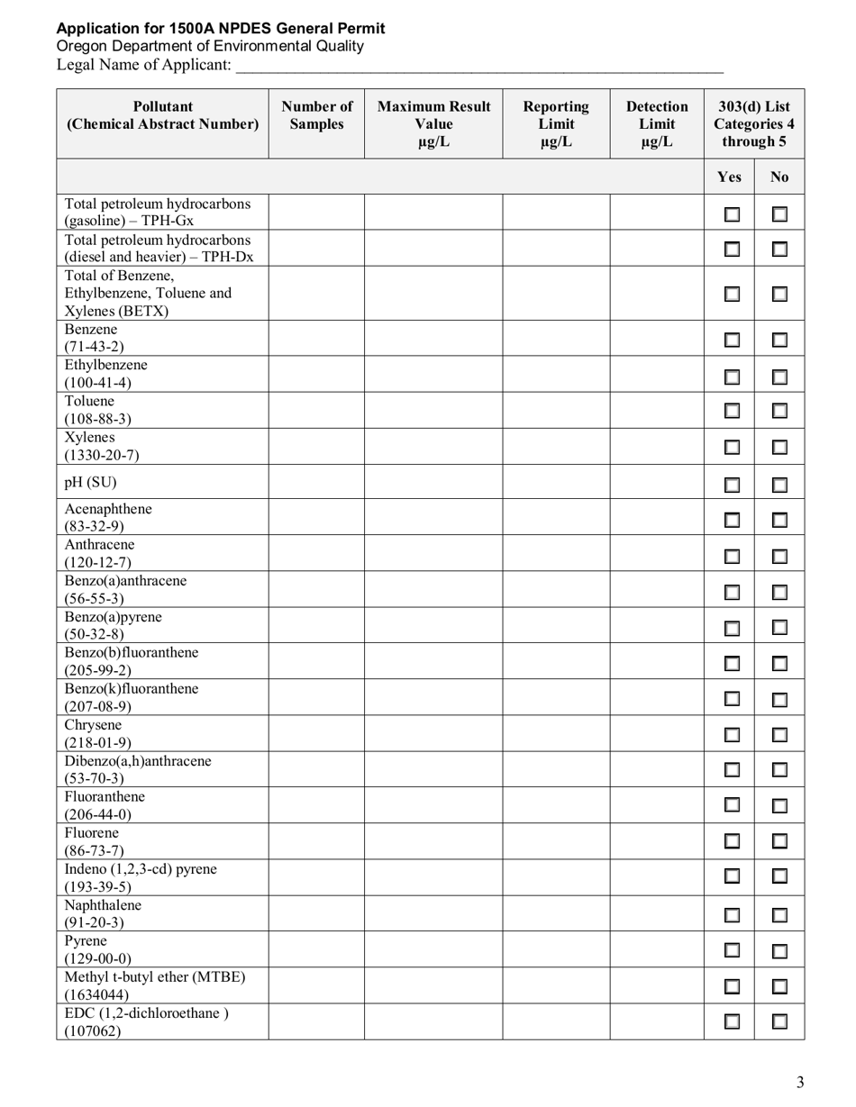 Application for National Pollutant Discharge Elimination System General Permit 1500a - Oregon, Page 3