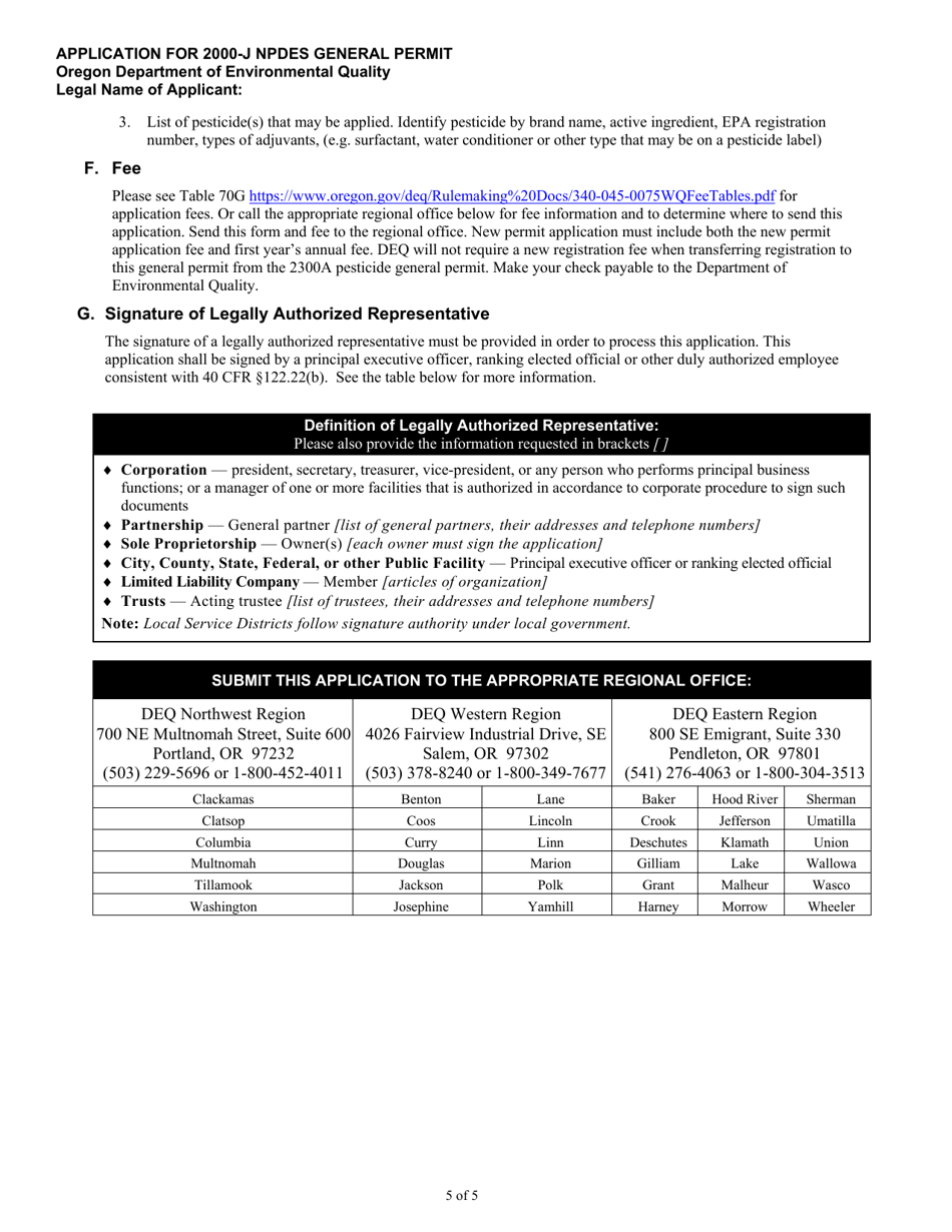 Application for Npdes General Permit 2000-j - Oregon, Page 5