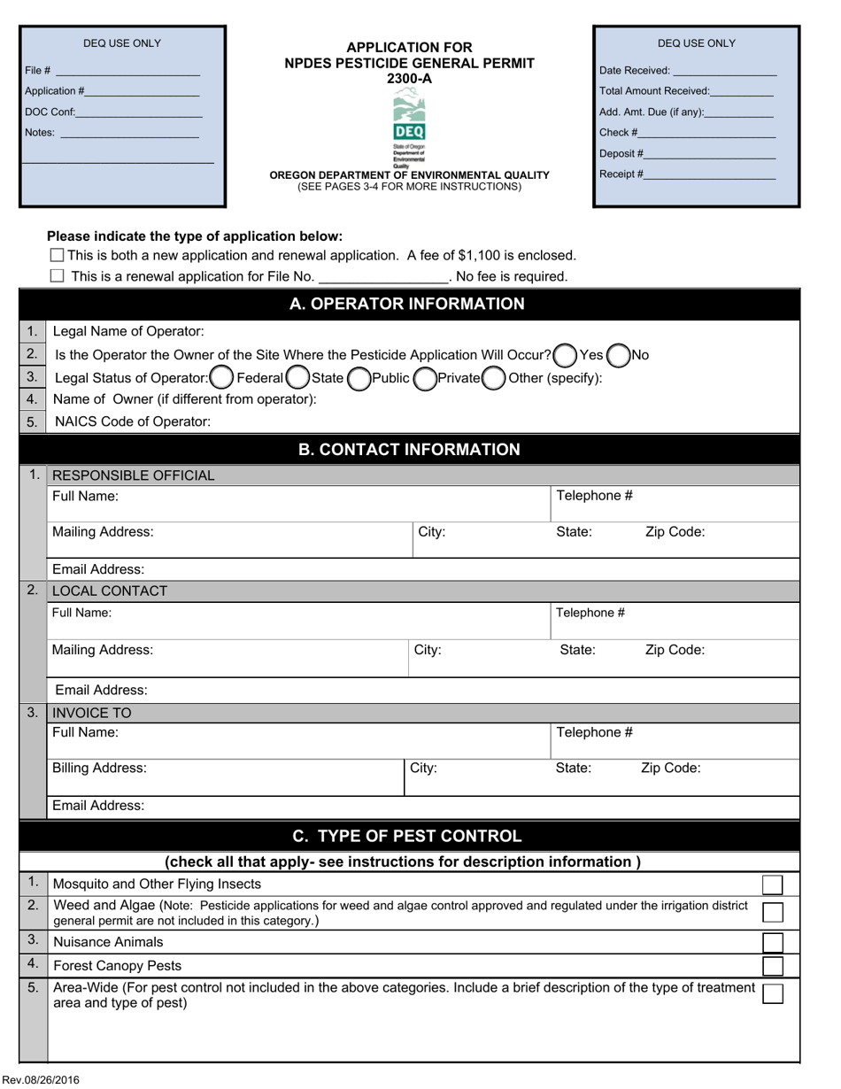 Application for Npdes Pesticide General Permit 2300-a - Oregon, Page 1