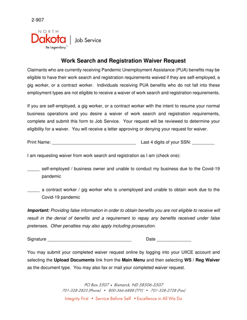Form 2-907 Work Search and Registration Waiver Request - North Dakota
