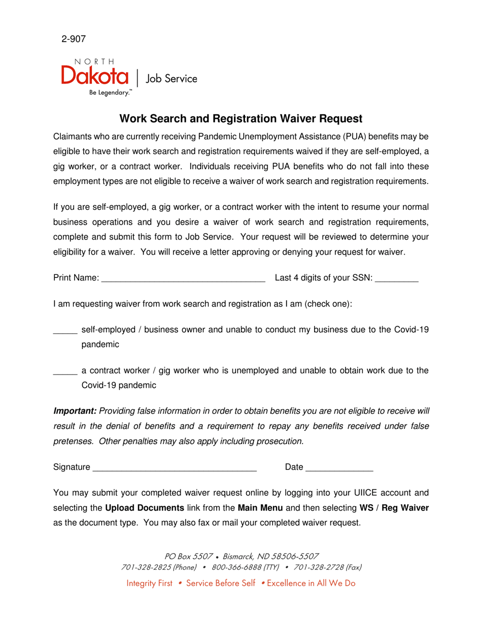 Form 2-907 Work Search and Registration Waiver Request - North Dakota, Page 1