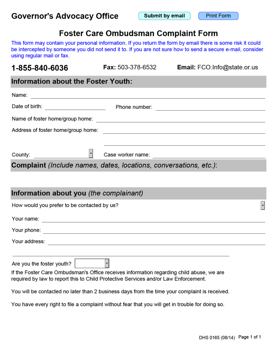 Form DHS0165 Foster Care Ombudsman Complaint Form - Oregon, Page 1