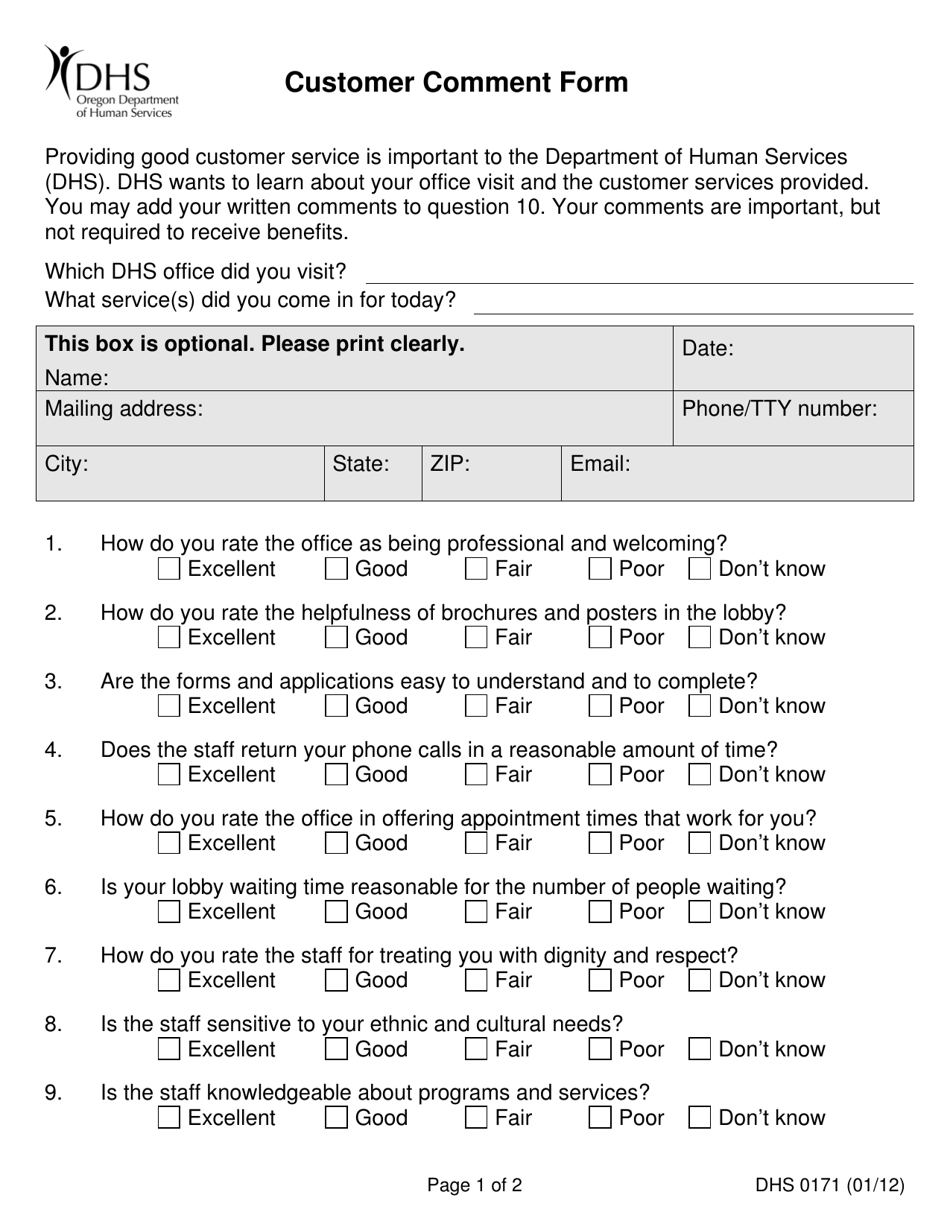 Form DHS0171 Fill Out, Sign Online and Download Printable PDF, Oregon