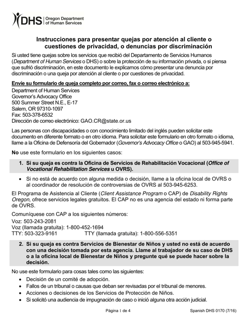 Formulario DHS0170 Queja Por Atencion Al Cliente O Cuestiones De Privacidad, O Denuncia Por Discriminacion - Oregon (Spanish)