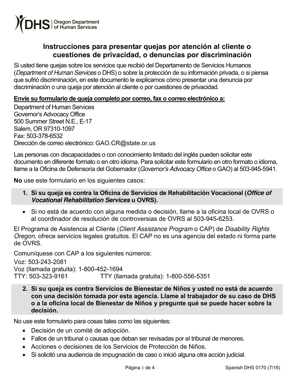 Formulario DHS0170 Queja Por Atencion Al Cliente O Cuestiones De Privacidad, O Denuncia Por Discriminacion - Oregon (Spanish), Page 1