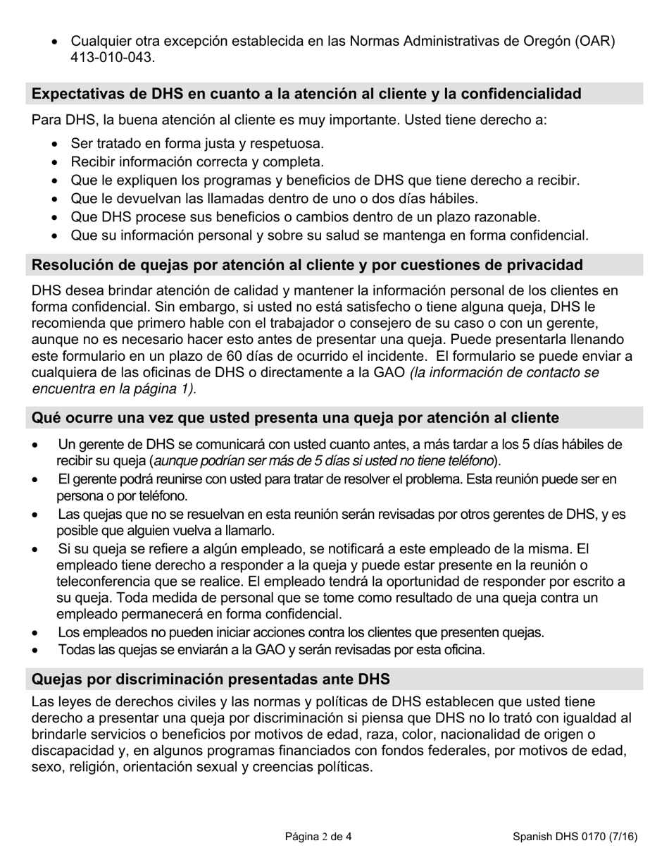 Formulario DHS0170 Queja Por Atencion Al Cliente O Cuestiones De Privacidad, O Denuncia Por Discriminacion - Oregon (Spanish), Page 2