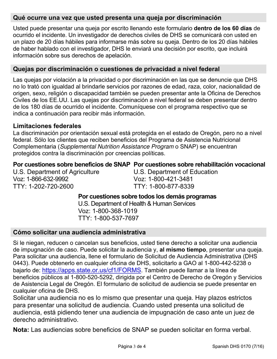 Formulario DHS0170 Queja Por Atencion Al Cliente O Cuestiones De Privacidad, O Denuncia Por Discriminacion - Oregon (Spanish), Page 3