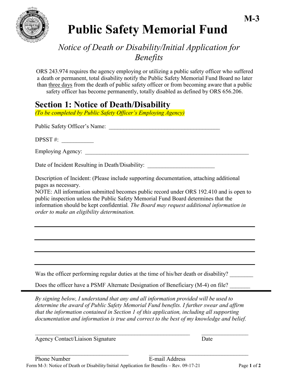 Form M-3 Notice of Death or Disability / Initial Application for Benefits - Oregon, Page 1