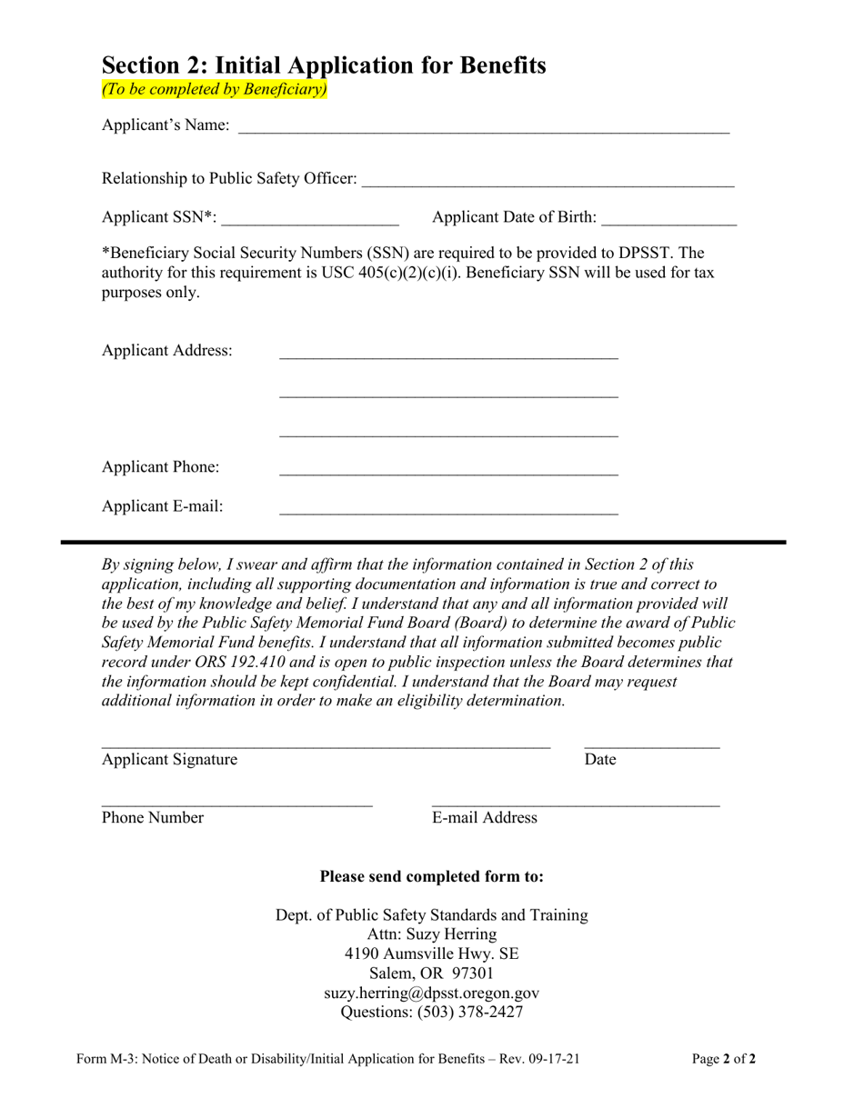 Form M-3 Notice of Death or Disability / Initial Application for Benefits - Oregon, Page 2